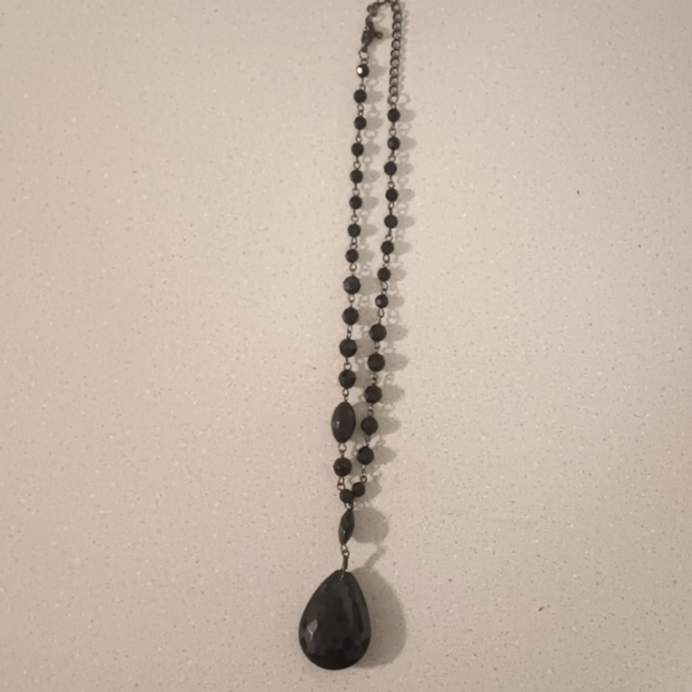 Monet Antique Style Black Metal Rhinestone Bicone Multi Strand Pendant Necklace